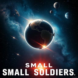 A dramatic movie poster featuring a stunning cosmic background filled with stars, nebulae, and a broken-up alien planet floating in space