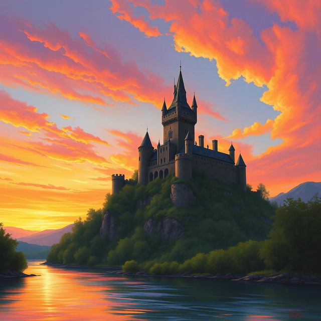 A breathtaking medieval castle perched atop a hill, silhouetted against a stunning sunset sky filled with vibrant hues of orange, pink, and purple