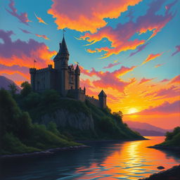 A breathtaking medieval castle perched atop a hill, silhouetted against a stunning sunset sky filled with vibrant hues of orange, pink, and purple