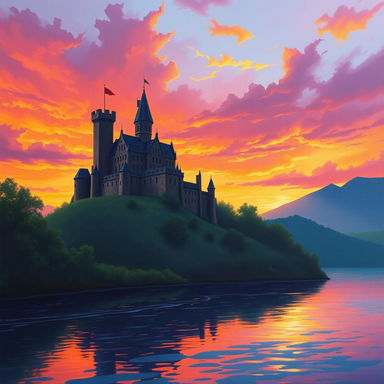 A breathtaking medieval castle perched atop a hill, silhouetted against a stunning sunset sky filled with vibrant hues of orange, pink, and purple