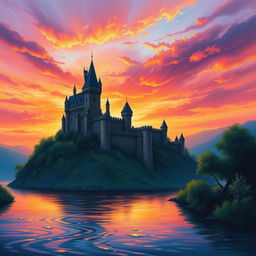 A breathtaking medieval castle perched atop a hill, silhouetted against a stunning sunset sky filled with vibrant hues of orange, pink, and purple