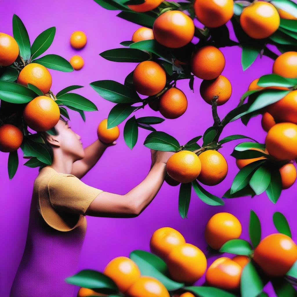 An image of a person harvesting vivid purple oranges from a lush tree, creating a whimsically colorful spin on a familiar process