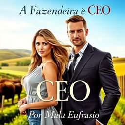 A romantic book cover titled 'A Fazendeira e o CEO', featuring a stunning young woman with long flowing hair and bright eyes, capturing the essence of beauty