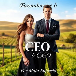 A romantic book cover titled 'A Fazendeira e o CEO', featuring a stunning young woman with long flowing hair and bright eyes, capturing the essence of beauty