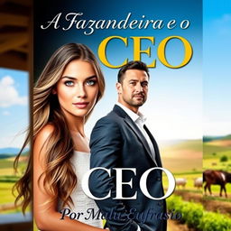 A romantic book cover titled 'A Fazendeira e o CEO', featuring a stunning young woman with long flowing hair and bright eyes, capturing the essence of beauty