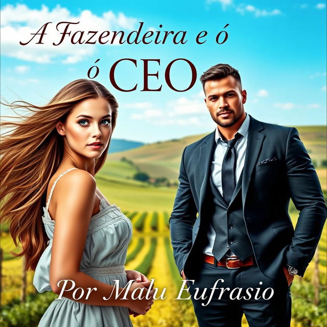 A romantic book cover titled 'A Fazendeira e o CEO', featuring a stunning young woman with long flowing hair and bright eyes, capturing the essence of beauty