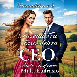 A romantic book cover titled 'A Fazendeira e o CEO', featuring a stunning young woman with long flowing hair, wearing a beautiful country-style dress, symbolizing her as a farmer