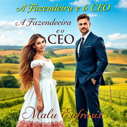 A romantic book cover titled 'A Fazendeira e o CEO', featuring a stunning young woman with long flowing hair, wearing a beautiful country-style dress, symbolizing her as a farmer