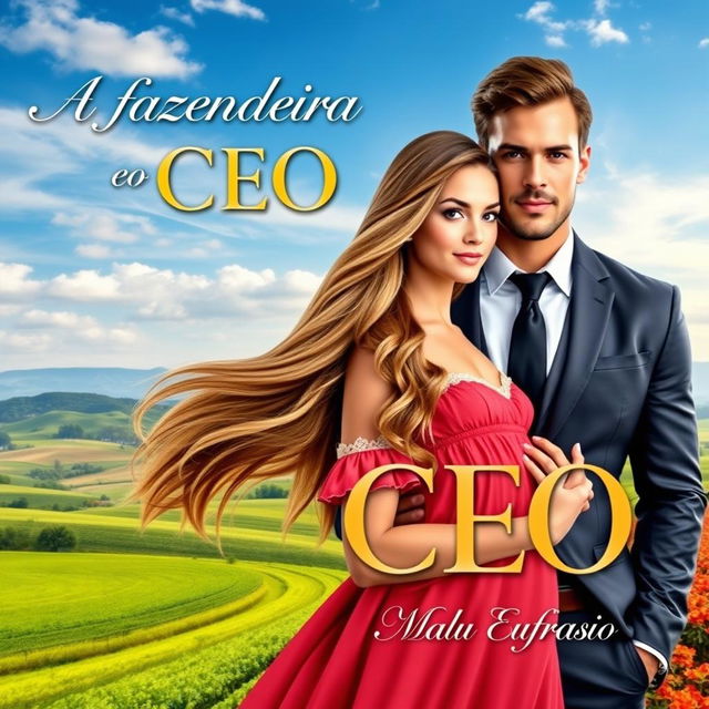 A romantic book cover titled 'A Fazendeira e o CEO', featuring a stunning young woman with long flowing hair, wearing a beautiful country-style dress, symbolizing her as a farmer