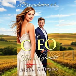 A romantic book cover titled 'A Fazendeira e o CEO', featuring a stunning young woman with long flowing hair, wearing a beautiful country-style dress, symbolizing her as a farmer