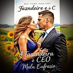 A romantic book cover titled 'A Fazendeira e o CEO', featuring a beautiful young woman with long flowing hair and an elegant dress, and a handsome, muscular CEO in a sharp suit