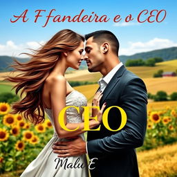 A romantic book cover titled 'A Fazendeira e o CEO', featuring a beautiful young woman with long flowing hair and an elegant dress, and a handsome, muscular CEO in a sharp suit