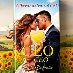 A romantic book cover titled 'A Fazendeira e o CEO', featuring a beautiful young woman with long flowing hair and an elegant dress, and a handsome, muscular CEO in a sharp suit