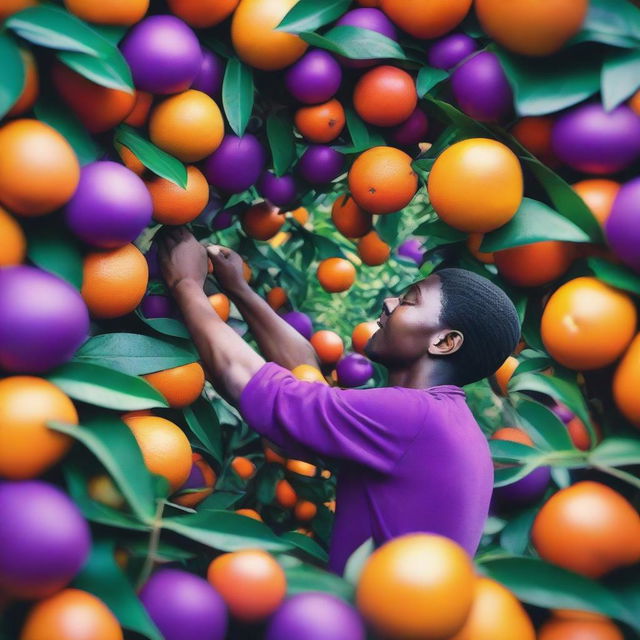 An image of a person harvesting vivid purple oranges from a lush tree, creating a whimsically colorful spin on a familiar process