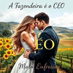 A romantic book cover titled 'A Fazendeira e o CEO', featuring a beautiful young woman with long flowing hair and an elegant dress, and a handsome, muscular CEO in a sharp suit