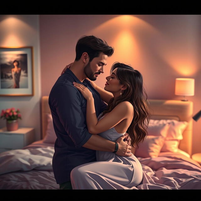 An imaginative scene depicting a passionate and intimate moment between two adult lovers in a stylish modern bedroom setting