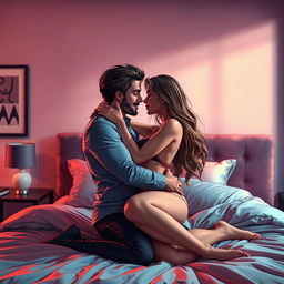 An imaginative scene depicting a passionate and intimate moment between two adult lovers in a stylish modern bedroom setting