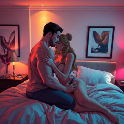 An imaginative scene depicting a passionate and intimate moment between two adult lovers in a stylish modern bedroom setting