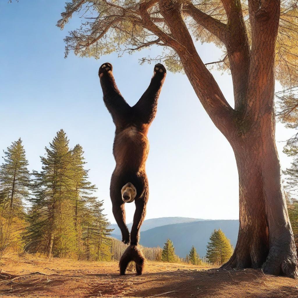 An individual performing a handstand next to a large bear, demonstrating courage and agility in front of nature's might.