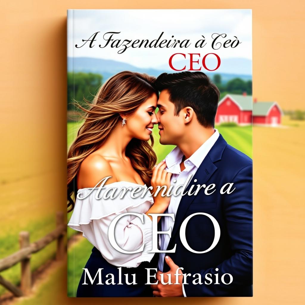 A romantic book cover featuring a beautiful young woman with flowing hair and a stunning smile, standing close to a handsome, muscular CEO in a sharp suit