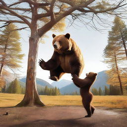 An individual performing a handstand next to a large bear, demonstrating courage and agility in front of nature's might.