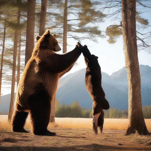 An individual performing a handstand next to a large bear, demonstrating courage and agility in front of nature's might.