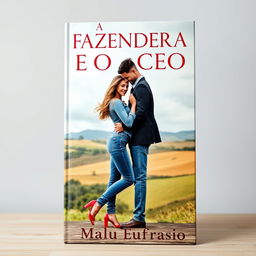 A romantic book cover featuring a beautiful young woman dressed in stylish jeans, with long flowing hair and a captivating smile, and a handsome muscular man in a sharp suit, standing close together in an intimate pose, almost kissing