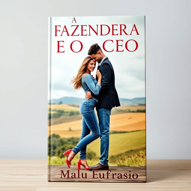 A romantic book cover featuring a beautiful young woman dressed in stylish jeans, with long flowing hair and a captivating smile, and a handsome muscular man in a sharp suit, standing close together in an intimate pose, almost kissing