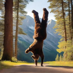 An individual performing a handstand next to a large bear, demonstrating courage and agility in front of nature's might.