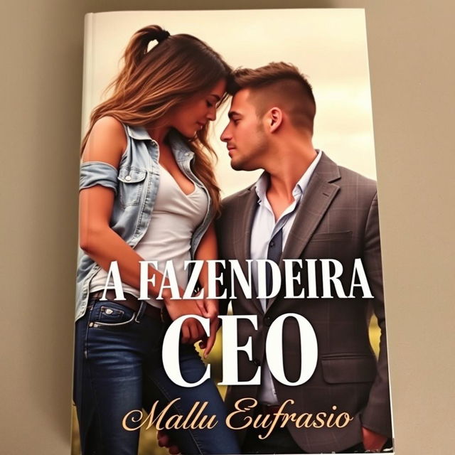 A romantic book cover featuring a beautiful young woman dressed in stylish jeans and a handsome muscular man in a tailored suit, both leaning towards each other, their faces close as if almost kissing