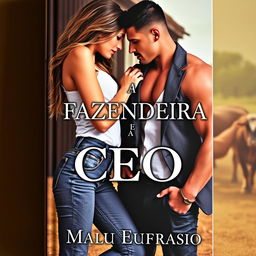 A romantic book cover featuring a beautiful young woman in stylish jeans and a handsome, muscular man dressed in an elegant suit
