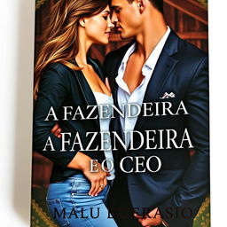 A romantic book cover featuring a beautiful young woman in stylish jeans and a handsome, muscular man dressed in an elegant suit