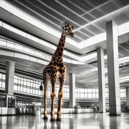 A curious and unexpected image of a tall giraffe amidst the hustle and bustle of a busy airport, exploring the contrast between nature and modern infrastructure