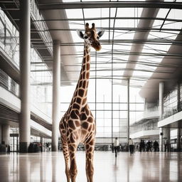 A curious and unexpected image of a tall giraffe amidst the hustle and bustle of a busy airport, exploring the contrast between nature and modern infrastructure