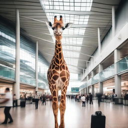 A curious and unexpected image of a tall giraffe amidst the hustle and bustle of a busy airport, exploring the contrast between nature and modern infrastructure