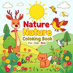 A cheerful and engaging cover design for a 'Nature Coloring Book for Kids', featuring a variety of cute and cartoonish scenes of nature