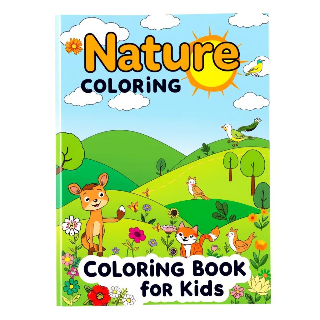 A cheerful and engaging cover design for a 'Nature Coloring Book for Kids', featuring a variety of cute and cartoonish scenes of nature