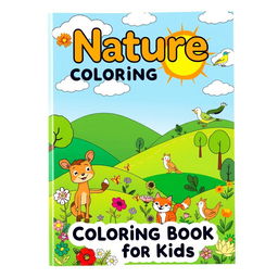 A cheerful and engaging cover design for a 'Nature Coloring Book for Kids', featuring a variety of cute and cartoonish scenes of nature