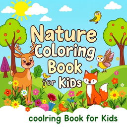 A cheerful and engaging cover design for a 'Nature Coloring Book for Kids', featuring a variety of cute and cartoonish scenes of nature