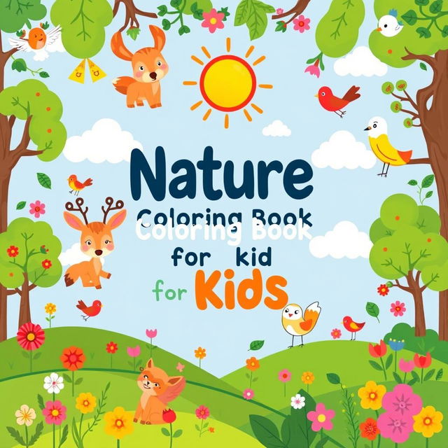 A cheerful and engaging cover design for a 'Nature Coloring Book for Kids', featuring a variety of cute and cartoonish scenes of nature