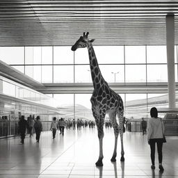 A curious and unexpected image of a tall giraffe amidst the hustle and bustle of a busy airport, exploring the contrast between nature and modern infrastructure