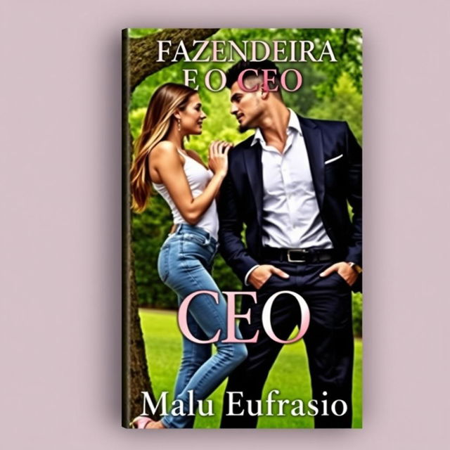 A captivating romance book cover featuring a stunning young woman in stylish jeans and a handsome, muscular man dressed in a sharp suit