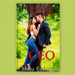 A captivating romance book cover featuring a stunning young woman in stylish jeans and a handsome, muscular man dressed in a sharp suit