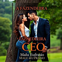 A captivating romance book cover featuring a stunning young woman in stylish jeans and a handsome, muscular man dressed in a sharp suit