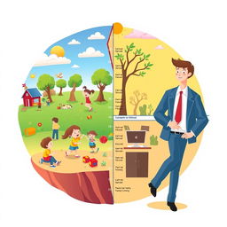 A vibrant and imaginative illustration depicting the journey of life from childhood to adulthood