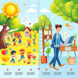 A vibrant and imaginative illustration depicting the journey of life from childhood to adulthood