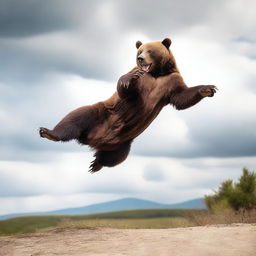 An inspired image depicting a powerful bear gracefully executing a mid-air flip or 'salto', in an uncharacteristic display of agility