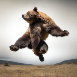 An inspired image depicting a powerful bear gracefully executing a mid-air flip or 'salto', in an uncharacteristic display of agility