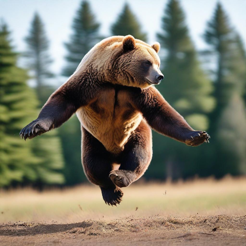 An inspired image depicting a powerful bear gracefully executing a mid-air flip or 'salto', in an uncharacteristic display of agility