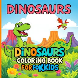 A vibrant and engaging cover design for a 'Dinosaurs Coloring Book for Kids', featuring a variety of friendly and cartoonish dinosaurs in playful, fun settings